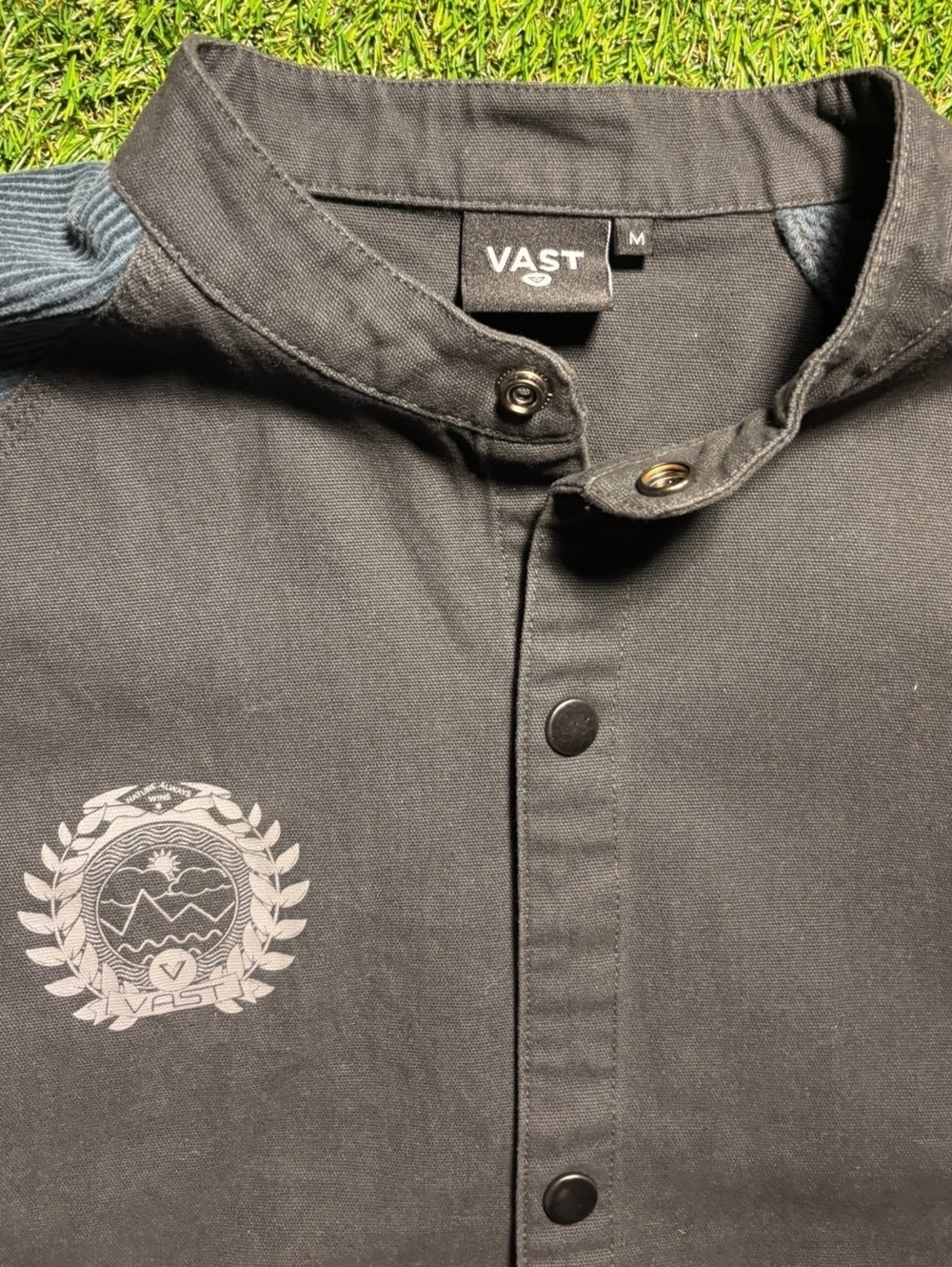 Y2K button up varsity jacket with corduroy sleeves
